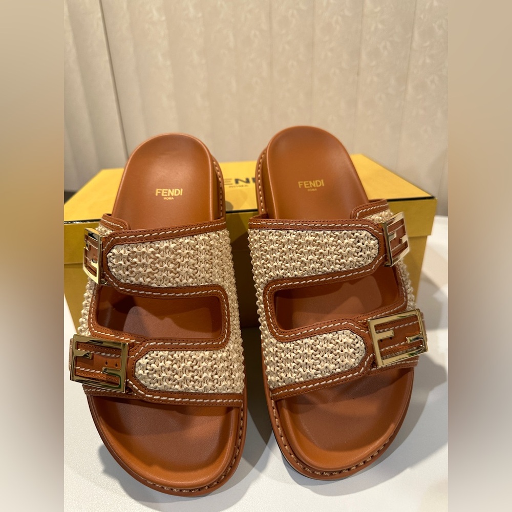 Fendi Brown Leather and Natural Woven Double-Buckle Slide Sandals